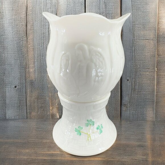 Belleek Christmas Nativity Hurricane Lamp 2 Piece Porcelain Kilkenny Castle VTG - Picture 1 of 13